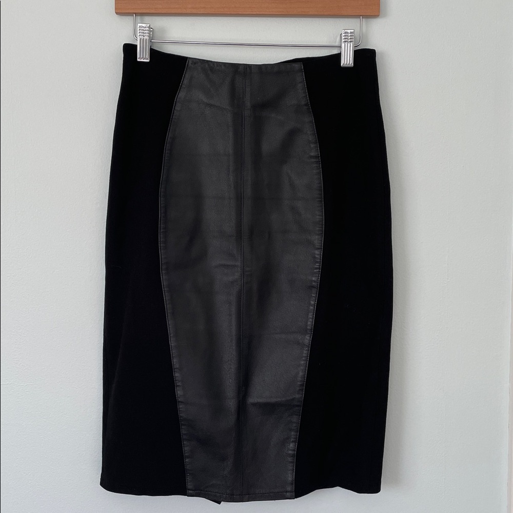 Neiman Marcus Women's Leather Panel Pont Knit Pencil Skirt in Black Size XS